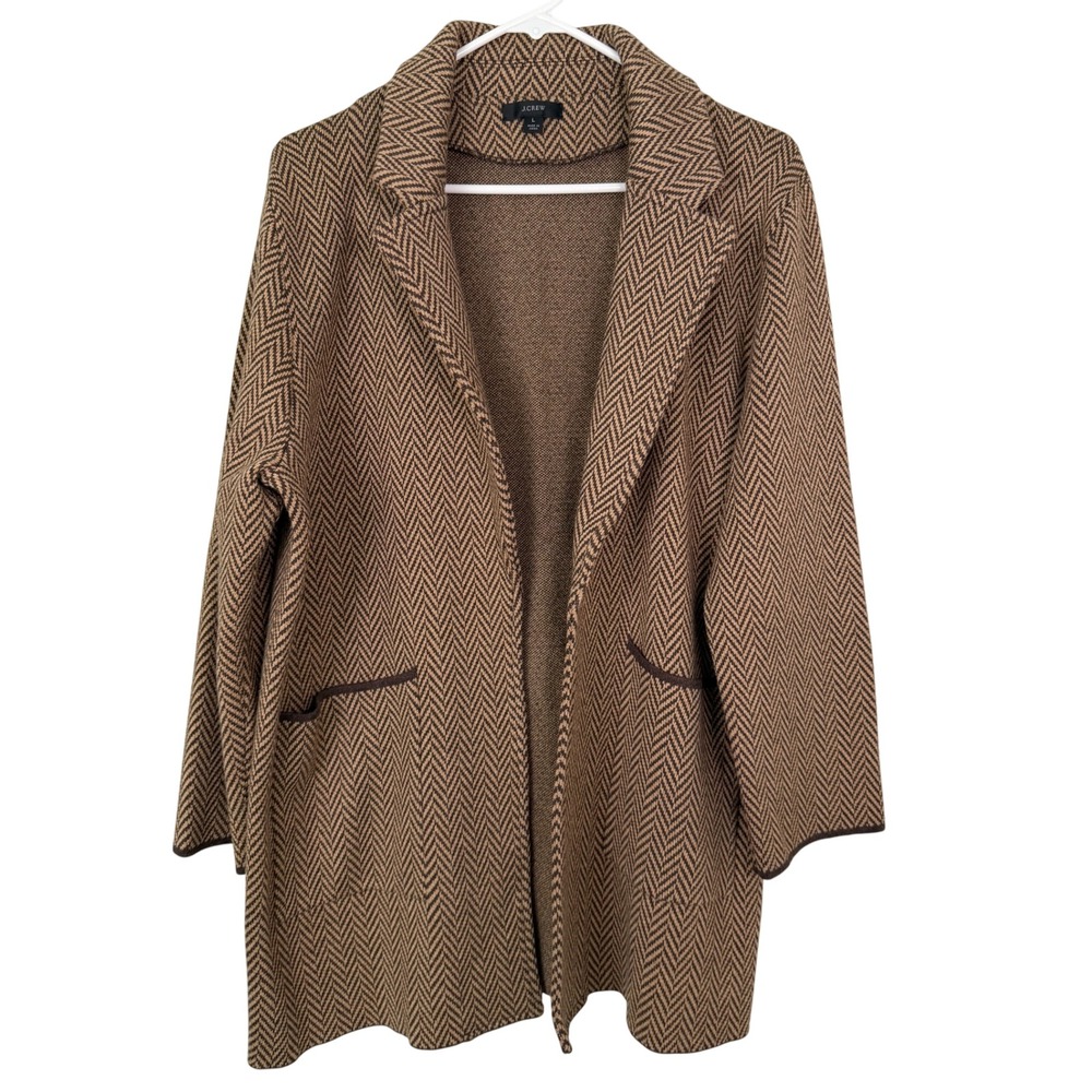 J.Crew Womens Brown Herringbone Merino Wool Sweater Blazer AQ412 Size L